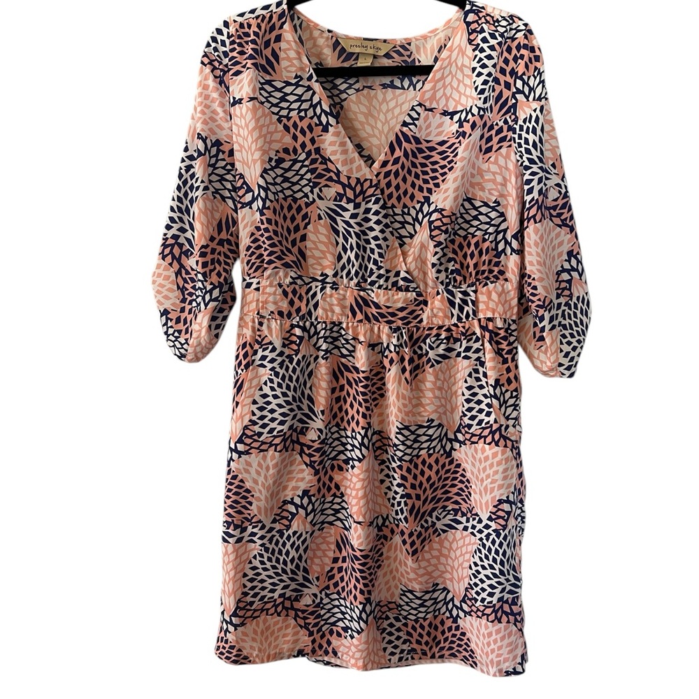 Peach & Navy Printed V-Neck Womens Dress